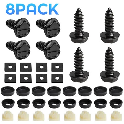 8 Black License Plate Screws Stainless Steel Bolts Caps Car Dealer Fasteners Kit - Image 1 of 4