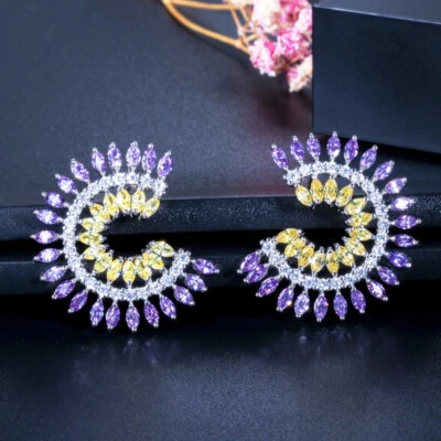 Aretes para mujer azul verde piedra circonita cúbica media redonda hoja grande fiesta de verano Foto 1 de 4