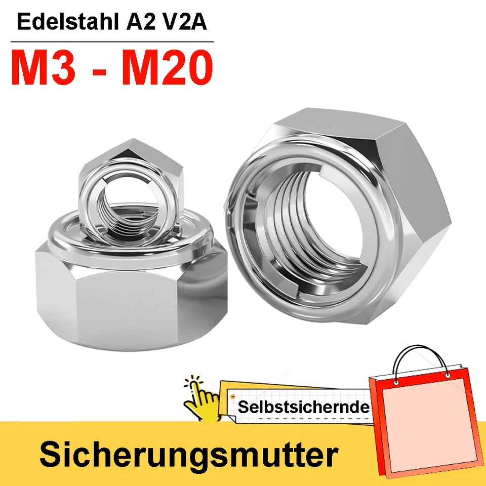 Sicherungsmutter Edelstahl A2 V2A Selbstsichernde Muttern M3 M4 M5 M6 M8 bis M20 - Bild 1 von 4