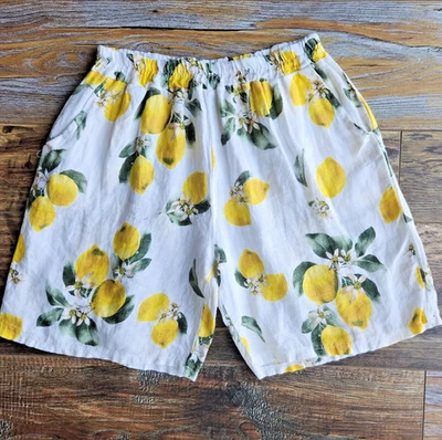 NWoT Made In Italy 100% Linen Lemon Printed 7.5" Shorts Pocket Elastic Waist 27" - Image 1 of 4