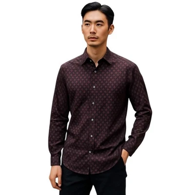 BAR III Men's Slim Black & Burgundy Geometric Button Front Dress Shirt - L - Image 1 of 4
