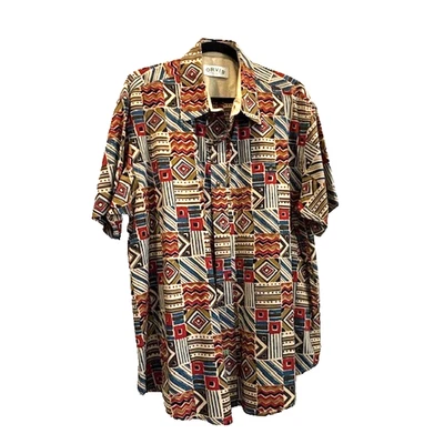 Orvis Shirt Mens 2XL Red Blue Gold Geometric Button Up Short Colorful Outdoor - Imagem 1 de 4