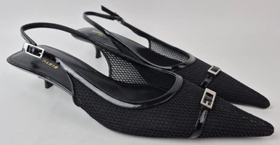 Saint Laurent Black Oxalis Quarida Slingback Mesh Buckle Kitten Heel Pump Size36 - Image 1 of 4