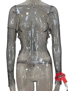 Mesh Crystal Crop Top Women One Size Black Rhinestone Net Shiny Rave No Brand - Picture 1 of 12