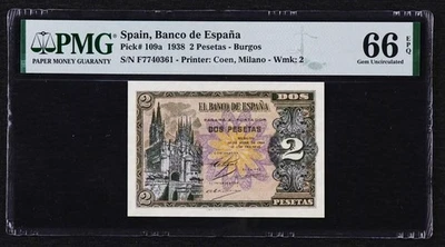 i-200254 Spain 2 Pesetas 1938. PMG 66 EPQ - Image 1 of 2