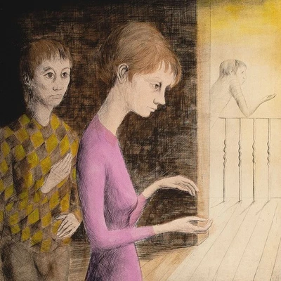 Roland Devolder meisje harlekijn Radierung koloriert 1980er magischer Realismus - Bild 1 von 4