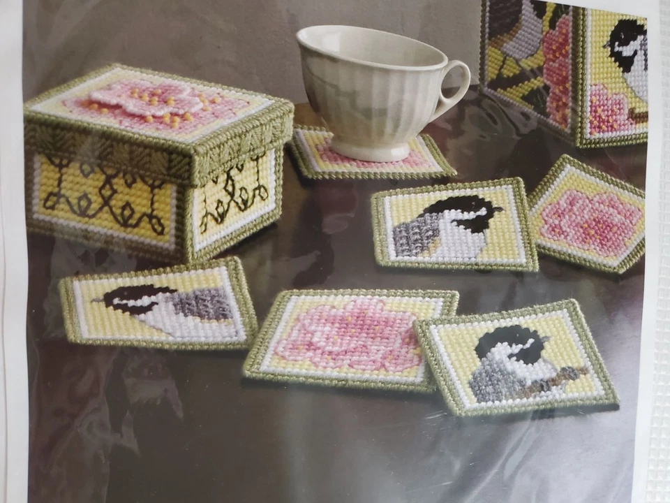 Mary Maxim 25075 Chickadee Coaster set plastic canvas yarn needlework kit birds - Image 1 of 1