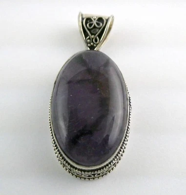 Pingente de prata esterlina oval cabochão de ametista 925 15,9 g 2 polegadas de comprimento - Imagem 1 de 4