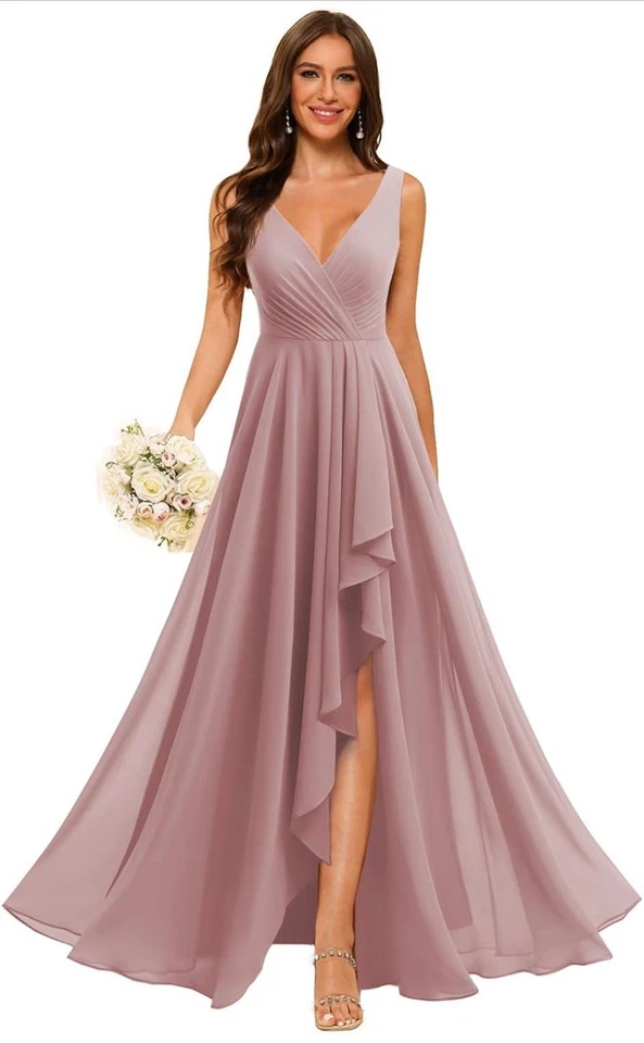 Vestido para mujer cuello en V con abertura de gasa línea A vestidos formales con bolsillos talla 12 Foto 1 de 3