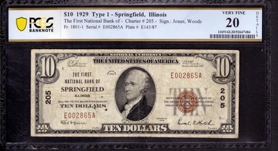 1929 $10 FIRST NATIONAL BANK NOTE CURRENCY SPRINGFIELD ILLINOIS PCGS B VF 20 NET - Image 1 of 2