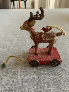 Vintage Schiebespielzeug rotes Rentier mattiert Weihnachtsschmuck beweglich - Bild 1 von 9