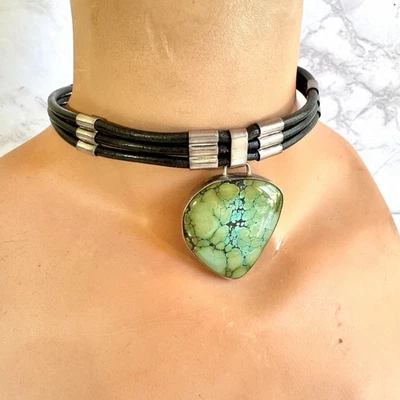 Ancient Echos Sterling Silver Choker Necklace Green Turquoise Pendant 15.75” 68g - Image 1 of 4