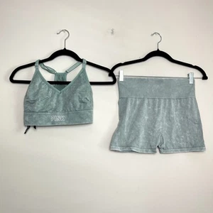 Victoria Secret Pink Green Ribbed Seamless Bra and Biker Shorts Athletic Set - Picture 1 of 4