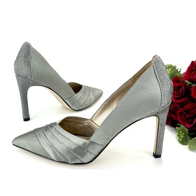 Bomba Stiletto Pelle Moda Prata/Cinza Cetim Brilhante Strass Ao Longo do Calcanhar Nova - Imagem 1 de 4