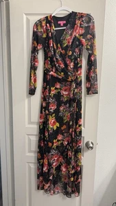 Vintage Betsey Johnson Floral Velvet Wrap Dress Midi V Neck 3/4 Sleeve Black 4 - Picture 1 of 7