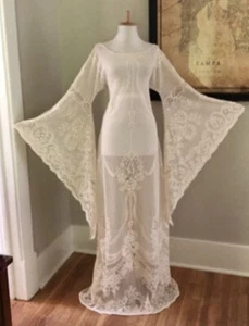 Daisy Jones & the Six Wedding Dress BoHo Sheer Hippy Vtg 70s Ivory Crchet Lace - Picture 1 of 12