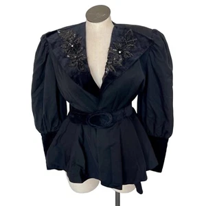 Vintage Black Coat Velvet Collar Puff Sleeves Sequin Floral Cosplay Victorian 12 - Picture 1 of 17