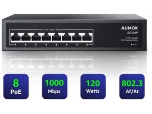 Aumox SG308P 8 Port PoE 120W Gigabit Ethernet Network Switch AC100-240V. 218 - Picture 1 of 10