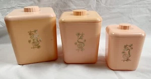 3 Vtg Pink Kitchen Nesting Canisters MCM Atomic Flowers Flour Sugar Tea USA Made - Picture 1 of 8