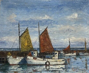 Pintura al óleo marítima Carl Jensen barcos de pesca en el puerto del mar Báltico Dinamarca - Imagen 1 de 13