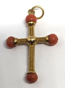 Antique 18k Yellow Gold & Coral Beads Cross Pendant 19th RARE - Picture 1 of 2