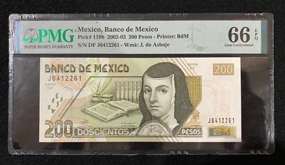 México Banco de México 200 Pesos 2002-03 Pick#119b PMG 66 EPQ Gema UNC Foto 1 de 2