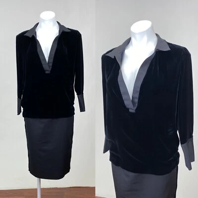 Sexy conjunto de blusa de terciopelo con cuello en V profundo y falda lápiz Gucci vintage ropa de trabajo satinada Foto 1 de 4