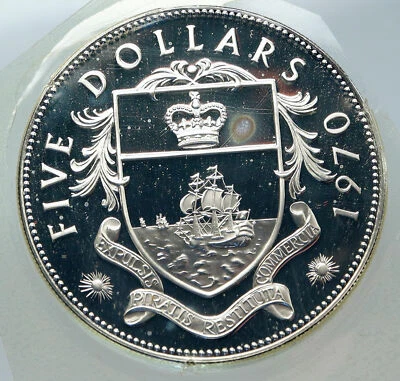 1970 BAHAMAS HUGE Large PIRATE DEFEAT MOTTO Proof Silver 5 Dollars Coin i85615 - Image 1 of 3