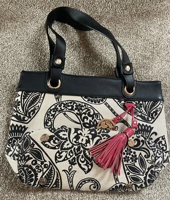 SPARTINA Daufuskie Island Women’s Handbag Black & Cream Paisley Natural Linen - Image 1 of 4