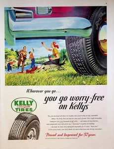 1951 Kelly Springfield Tires Vintage 1950s Print Ad Family Picnic Stream Fishing - Picture 1 of 1