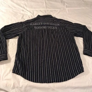 Harley-Davidson Mens M Button Down Shirt Dark Blue Striped Embroidered Logo - Picture 1 of 7