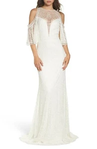 TADASHI SHOJI Bridal Ivory LUZ Embroidered Cold Shoulder Flutter Sleeve Gown 8 M - Picture 1 of 12