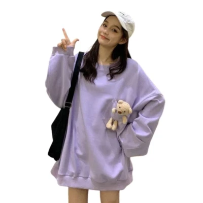 With Bear Lightweight Women Sweatshirt Pullover Cute Kawaii Girls Sweater Loose - Photo 1/4