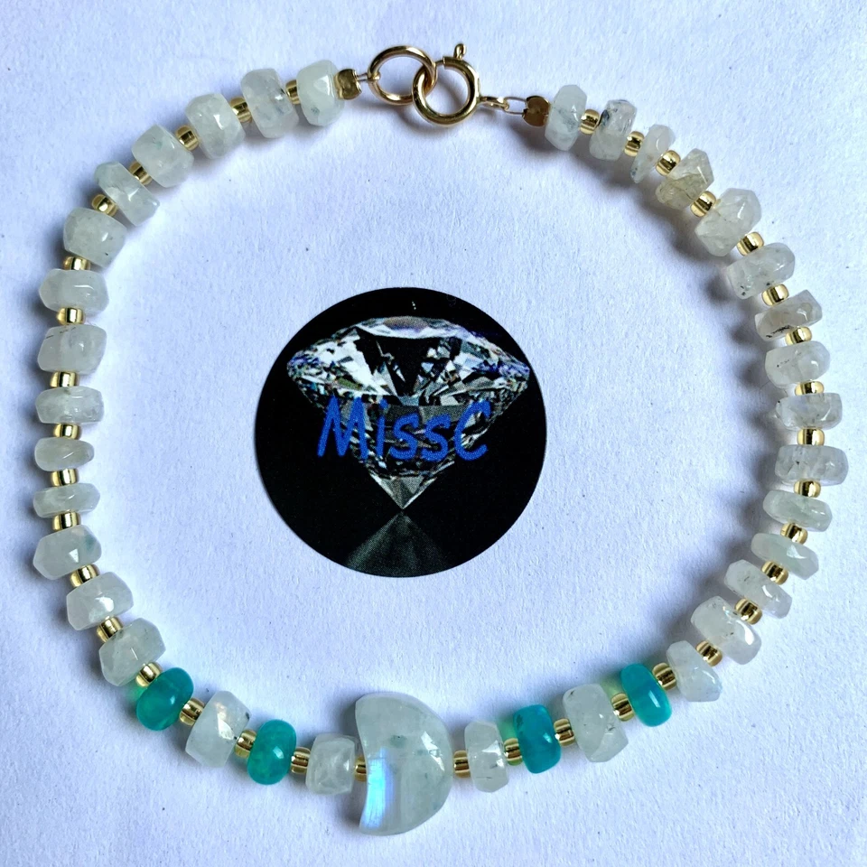 9CT GOLD RAINBOW MOONSTONE AND FIRE OPAL BRACELET, HANDMADE IN UK — 第 1/4 张图片