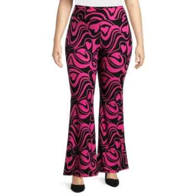 New No Boundaries Black w/ Pink Hearts Knit Flare Pants Juniors Women many sizes - Image 1 of 4