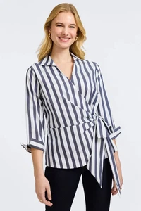 BITTE LESEN Neu mit Etikett Foxcroft Größe Small Damen gestreifte marineblau weiß Salina Wickelbluse - Bild 1 von 12