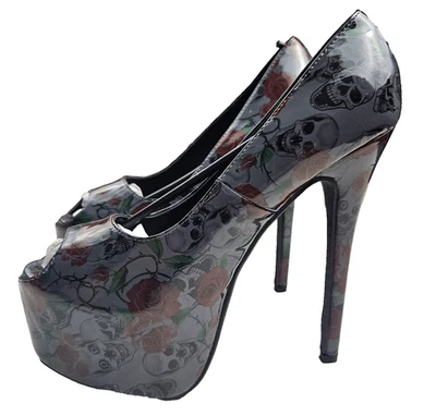 Novo Ami Clubwear 6" Salto Plataforma Stilletto Caveiras e Rosas Vermelhas Feminino 10 Cinza - Imagem 1 de 4