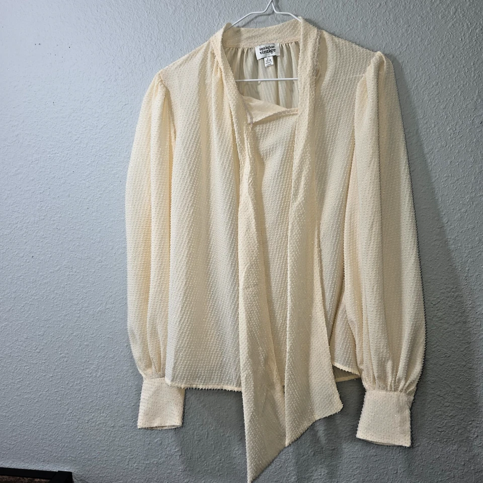 Blusa transparente única vintage beige punto suizo cuello lazado talla L (10-12) Foto 1 de 4