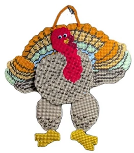 Vintage Plastic Canvas Yarn Needlepoint Thanksgiving Turkey 15x13 - Picture 1 of 5
