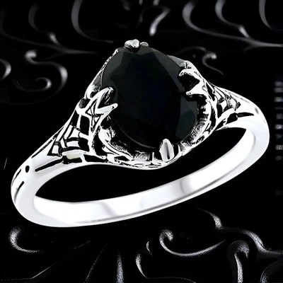 DAINTY VICTORIAN STYLE BLACK AGATE 925 SOLID STERLING SILVER FILIGREE RING #759 - Image 1 of 3