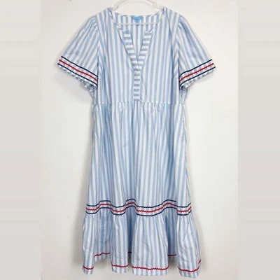Draper James Midi Dress Womens 2X Blue White Striped Red Trim Short Sleeve - Image 1 of 4