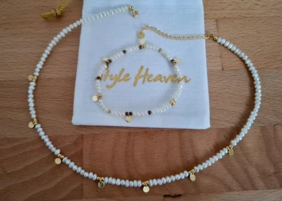 Set Kette Armband Süßwasserperlen Silber 925 vergoldet Style Heaven weiß gold - Bild 1 von 4