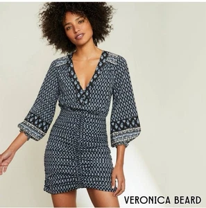 Veronica Beard Silk Zaria Dress Women Size 8 Blue Black Floral Ruched Mini - Picture 1 of 6