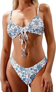 ZAFUL Bikini donna triangolo floreale con volant fiocco allacciato set bikini XL blu floreale - Foto 1 di 10