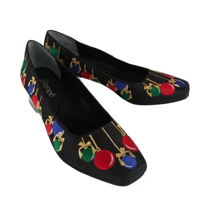 J. Renee Jingle Ball Christmas Pump Shoe Embroidered Stuffed Heels Black 6.5 M - Image 1 of 4