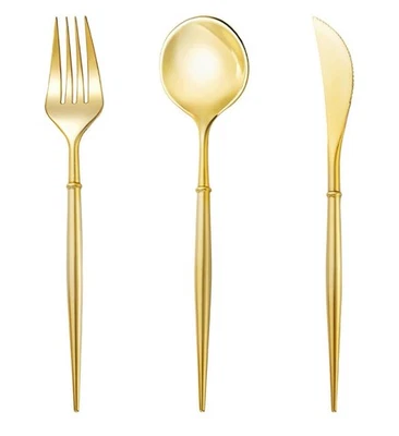 Cubiertos desechables de plástico dorado N9R 90 piezas 30 ea cuchillos, tenedores cucharas Foto 1 de 4