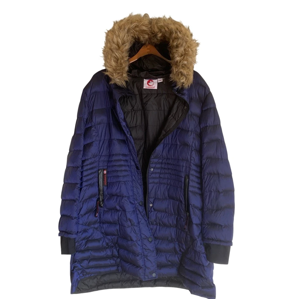 Parka acolchada Canada Weather Gear Down para mujer 3XL azul índigo edredón capucha de piel sintética Foto 1 de 4