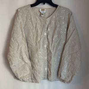 Vintage Talbots 100% Irish linen Beige Embroidered neutral Cardigan women large - Picture 1 of 9