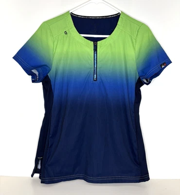 Koi Lite Women's S Small Scrub Top Ombre Lime Green to Navy Blue 1/4 zip - Image 1 of 4