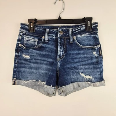 Silver Jeans Suki Shorts 24*Mid Rise Curvy Cutoff Cuffed Distressed Denim Womens - Image 1 of 4